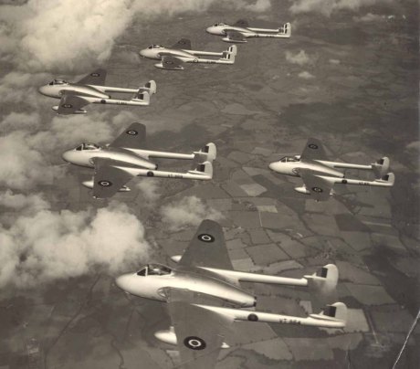 Flight of Vampires that were the first jets to fly non stop over the Atlantic and broke the world altitude record in 1948 